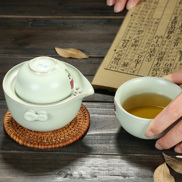 節(jié)日促銷禮品天青開片汝窯茶具半手工陶瓷便攜商務(wù)旅行套裝快客杯