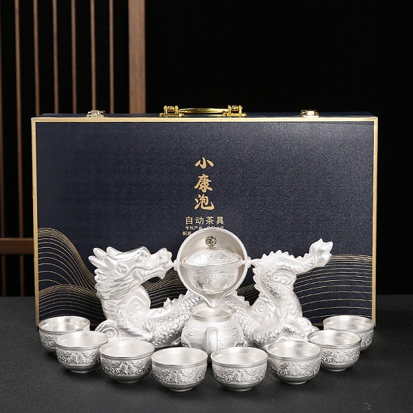 鎏銀茶具套裝家用陶瓷自動(dòng)懶人泡茶器999純銀功夫茶杯子高檔禮品