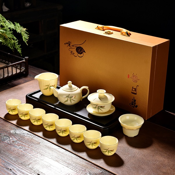 寶石黃羊脂玉茶具套裝功夫茶杯會(huì)客廳家用簡約創(chuàng)意送禮茶蓋碗套裝