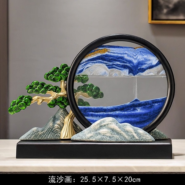 迎客松山水流沙畫擺件新中式辦公室裝飾玄關(guān)桌面茶室解壓沙漏